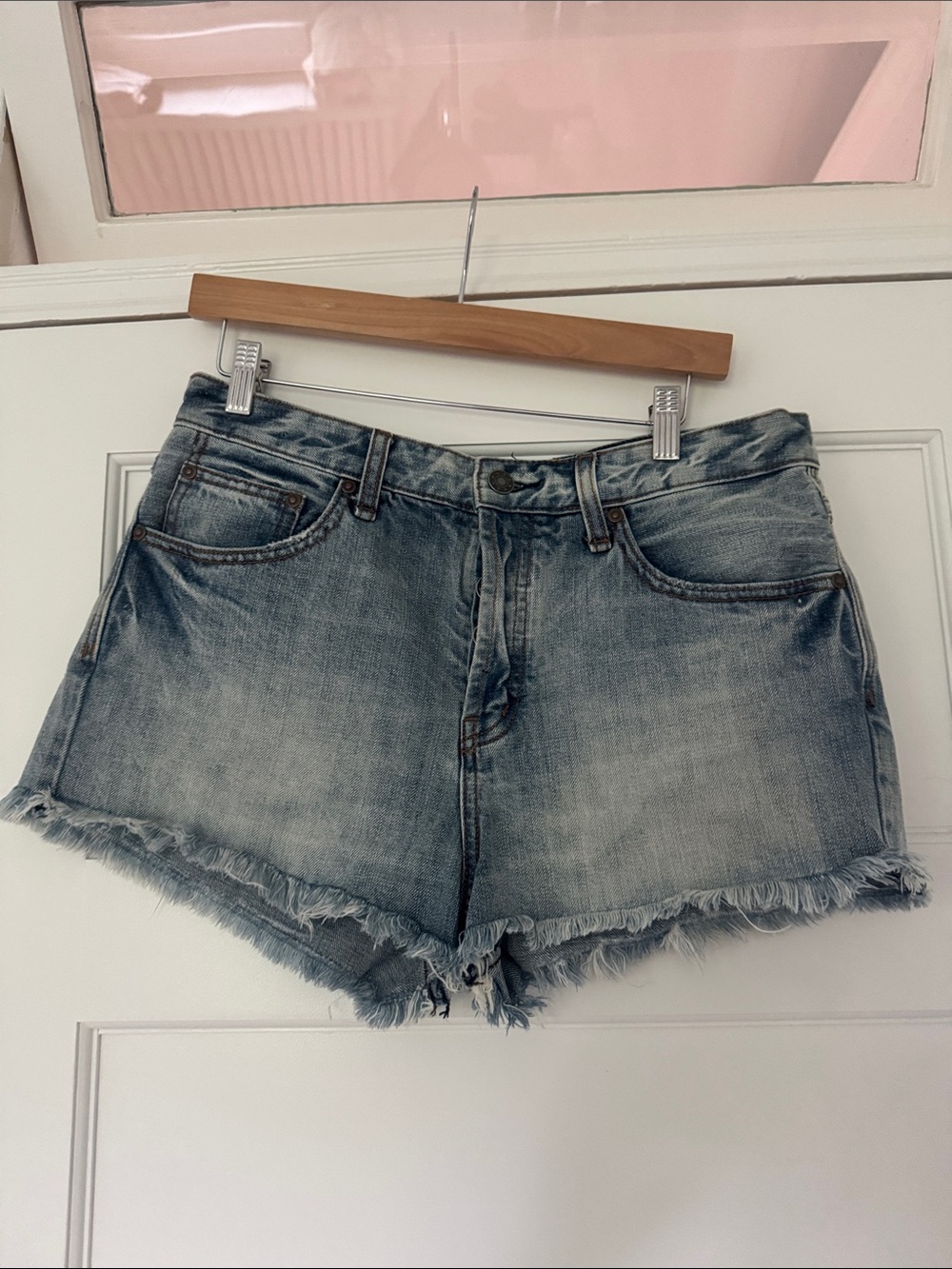 Free People Light Blue Distressed Denim Cutoff Shorts 29